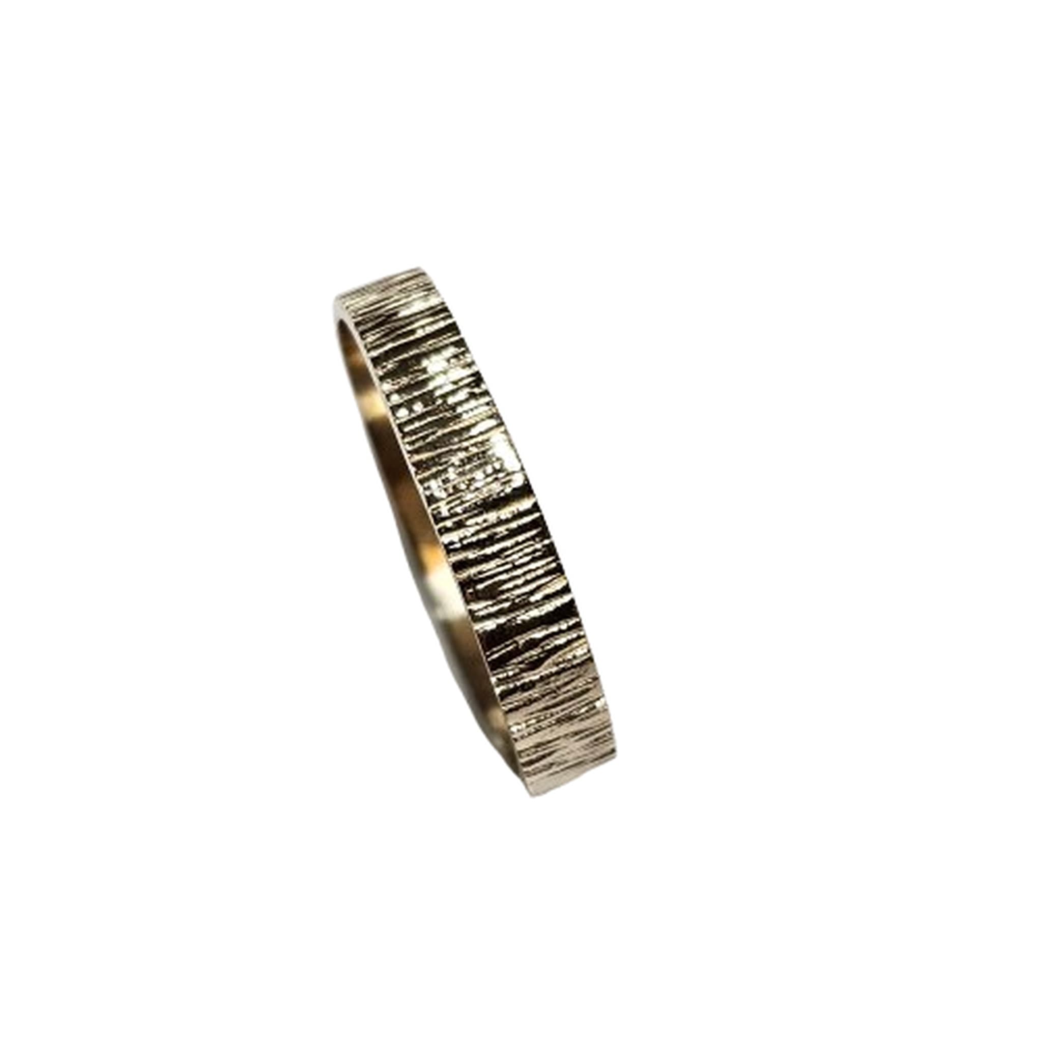 14k gold band ring with vertical textured finish, minimalist style, angled view on white background