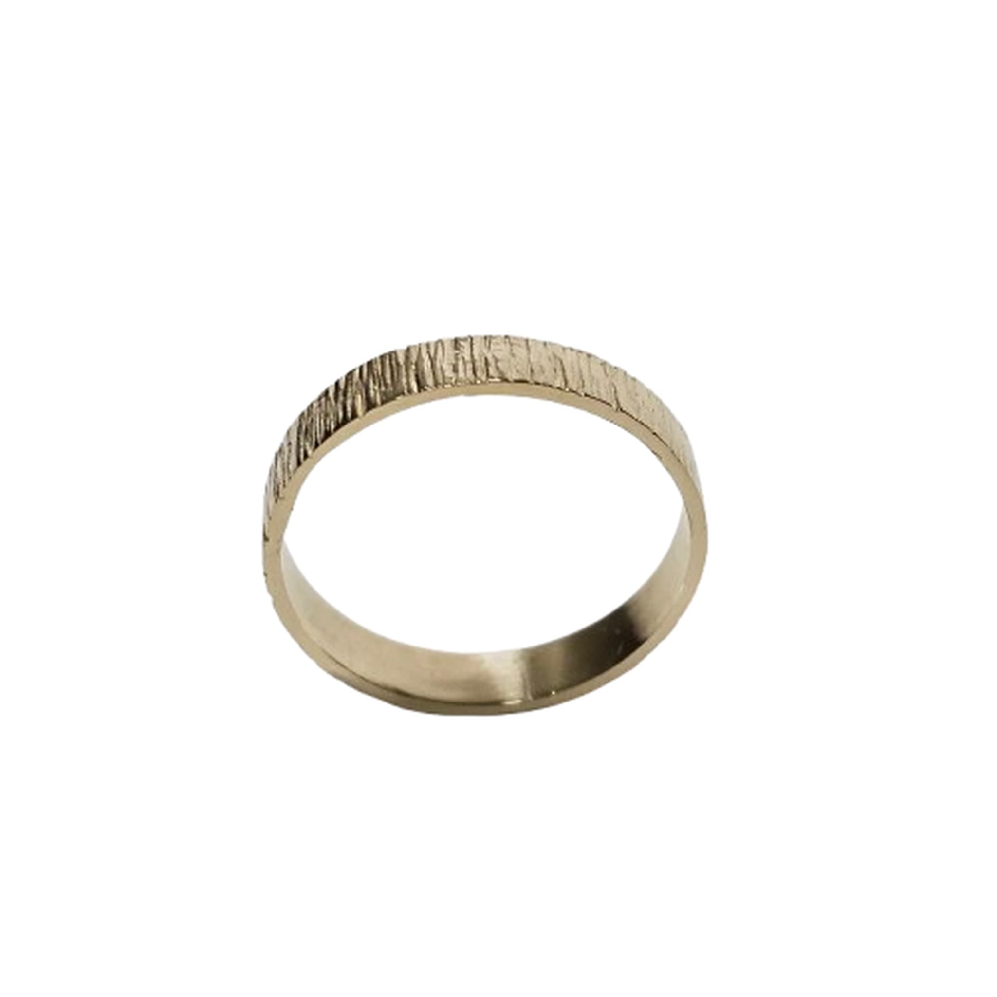 Minimalist 14k gold band ring with vertical textured finish, front view on white background