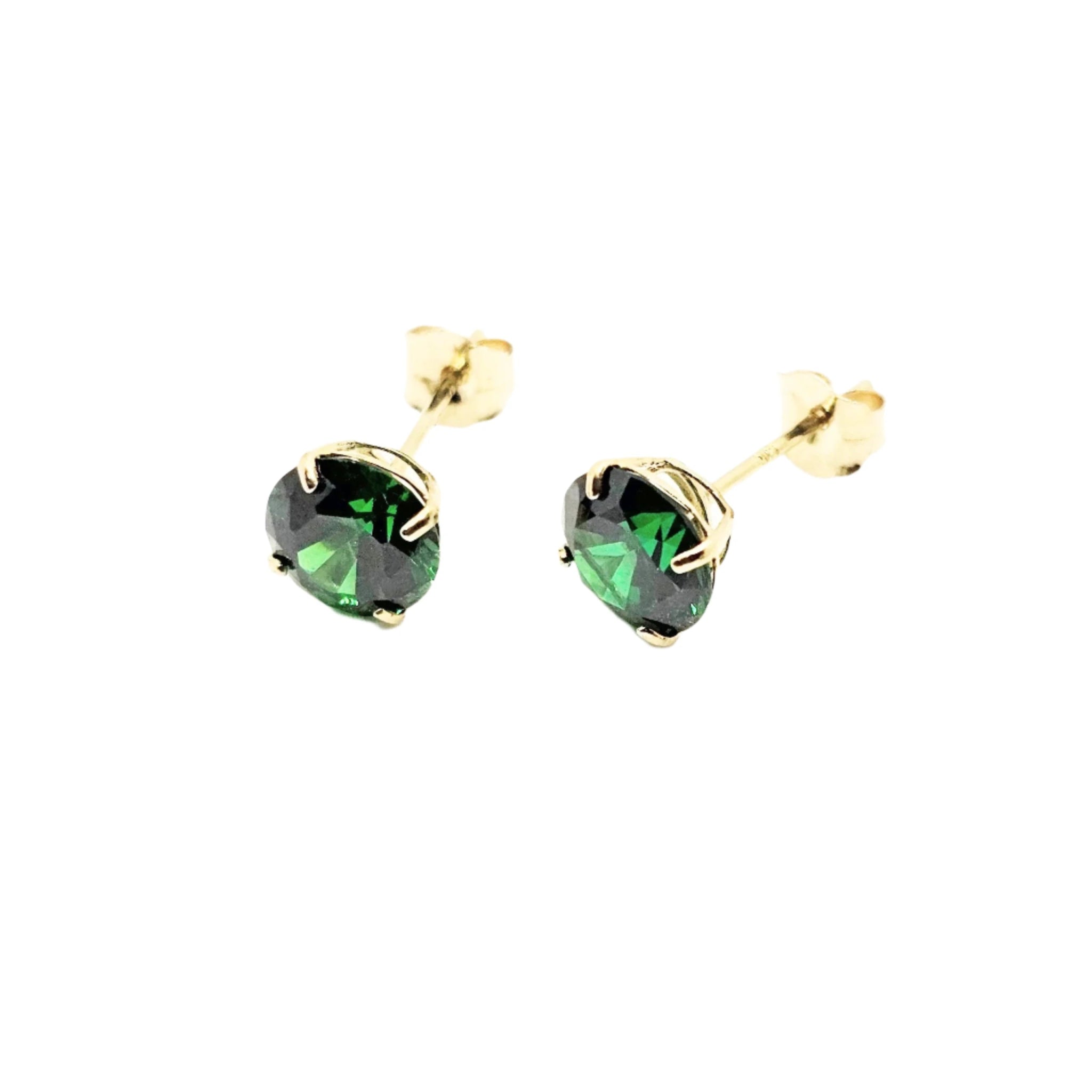 14k gold stud earrings featuring emerald-colored cubic zirconia stones in a classic four-prong setting – Golvem